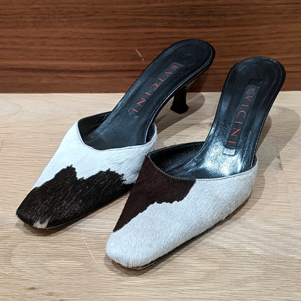 Vicini vintage cow print kitten heel mules